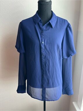 Express Royal Blue Semi-Sheer Button-Up Blouse
